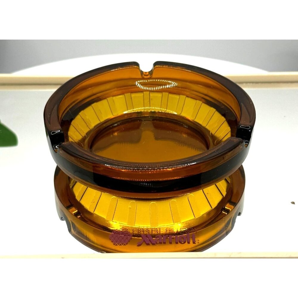 Vintage Mid-Century Amber Glass Ashtray Round with Cigarette Slots